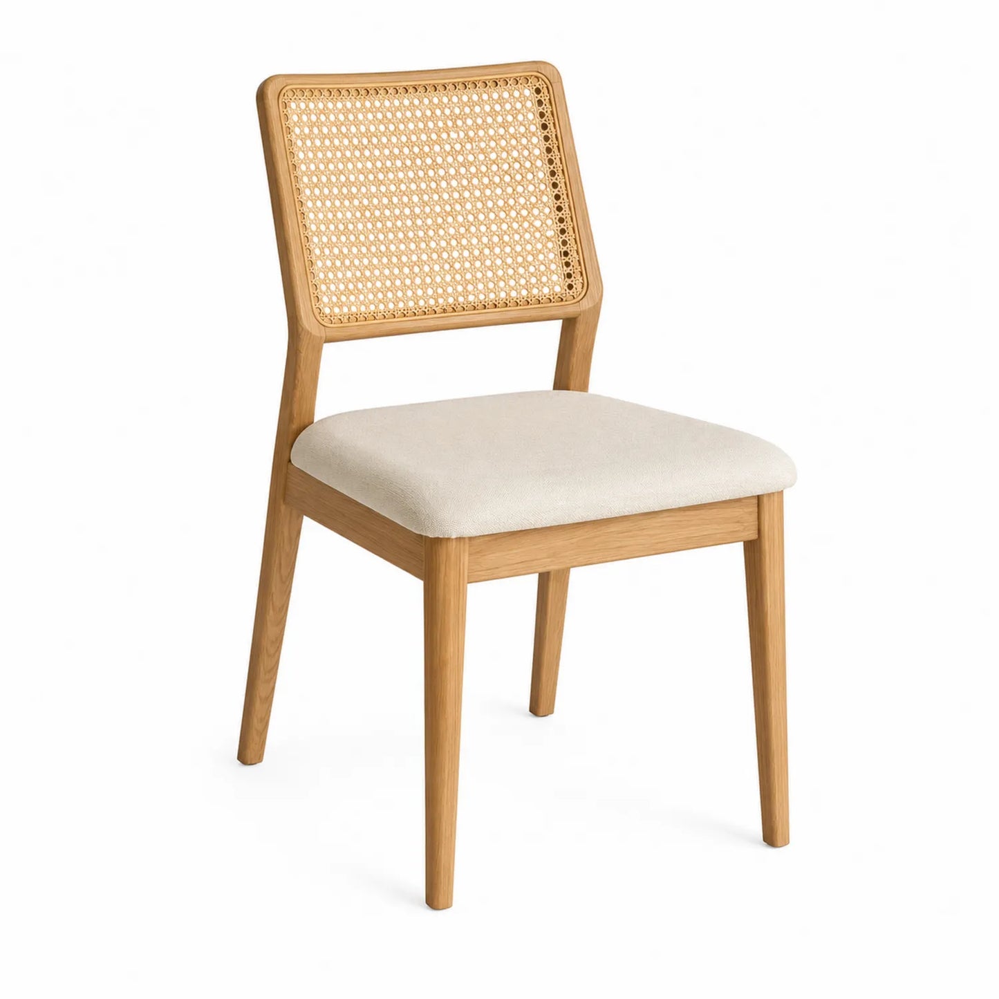 Silla de roble con asiento de poliéster y respaldo de ratán
