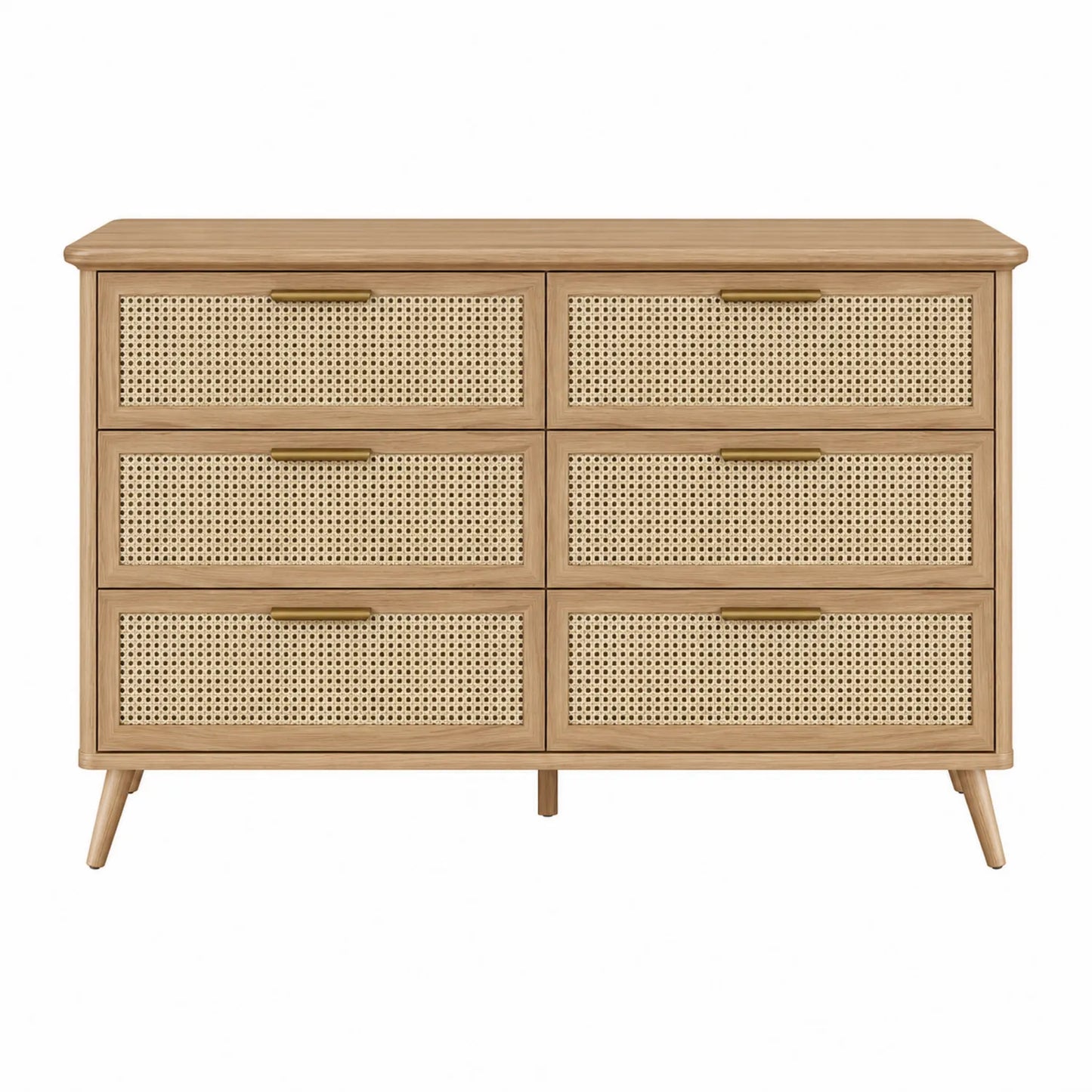Cómoda de Madera de Roble y Ratán con 6 Cajones Beige