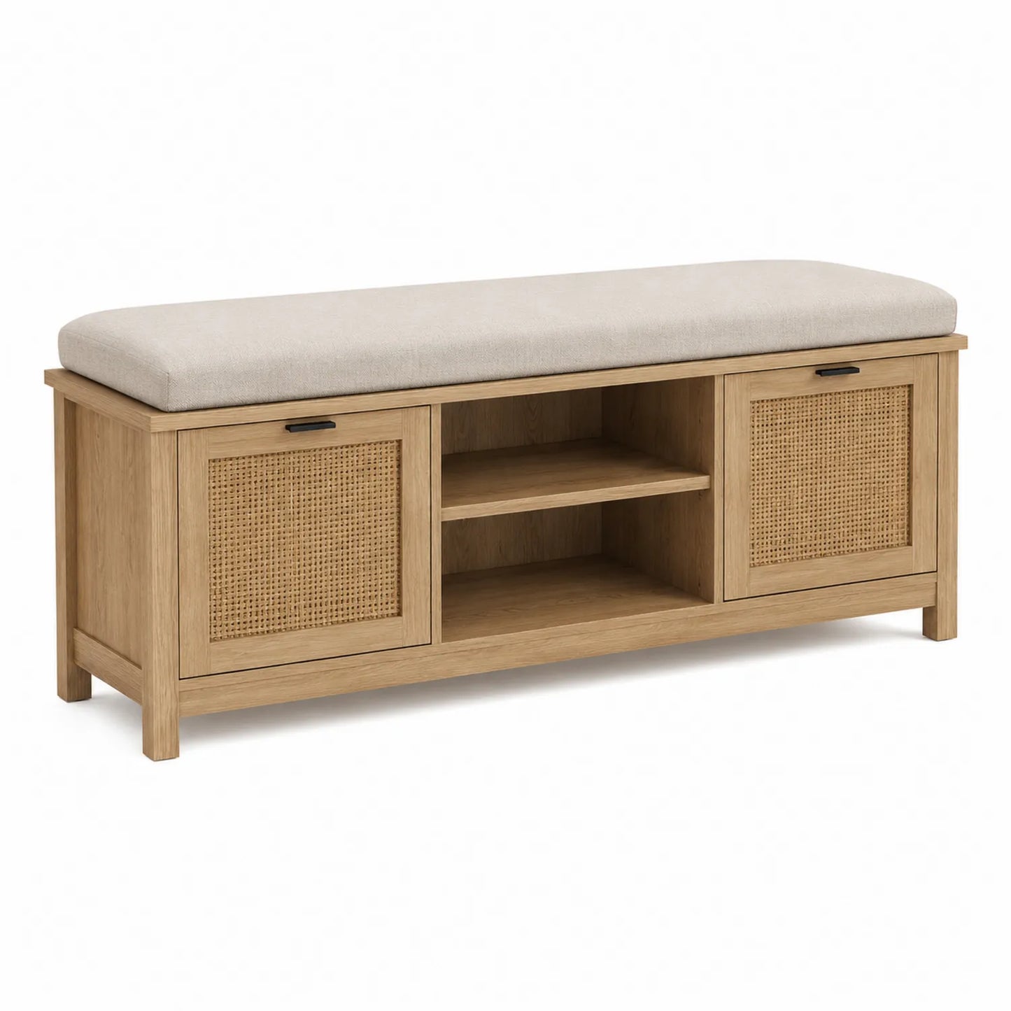Banco de almacenaje de madera con cojín de lino beige
