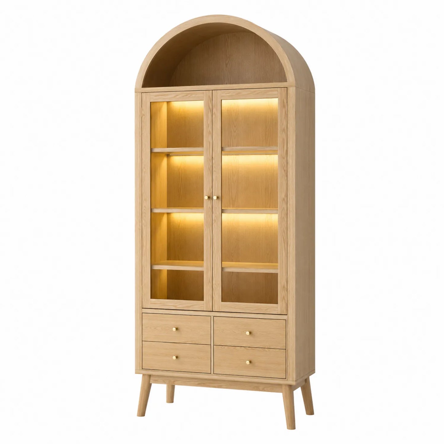 Vitrina de madera de roble con luces LED y cajones