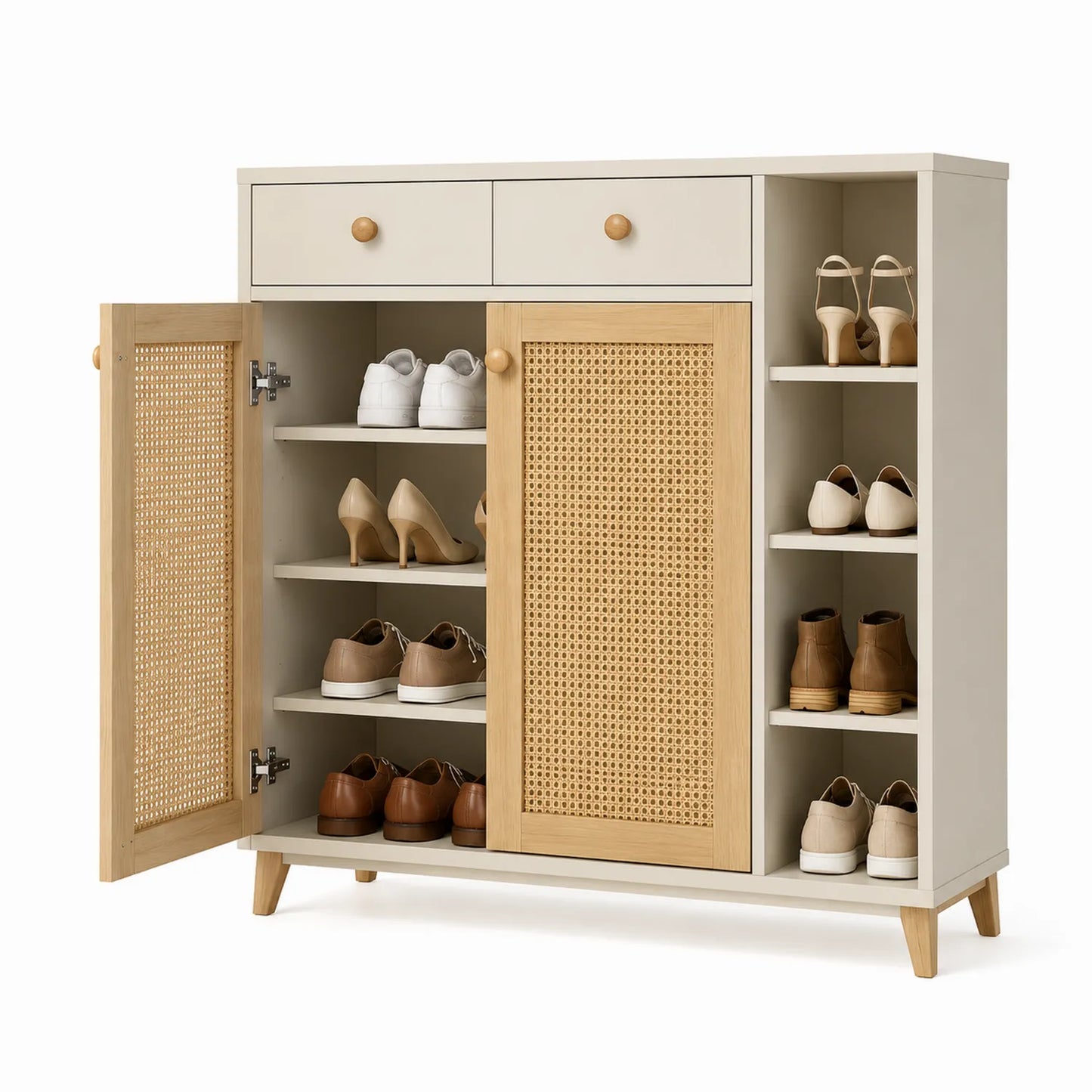 Zapatero de Madera con Puertas de Mimbre Beige 90x40x100 cm