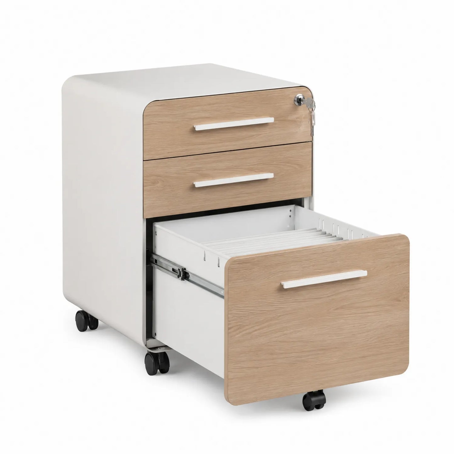 Cajonera de oficina con ruedas de metal y madera 3 cajones 58x40x45 cm Beige y Blanco