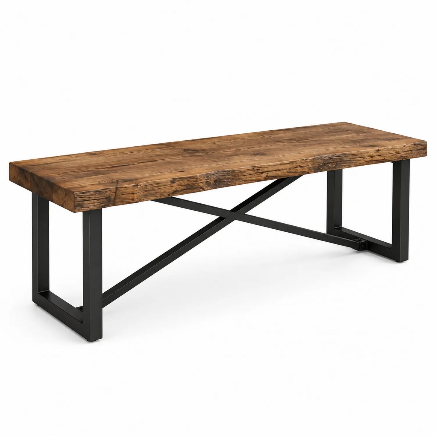 Banco de madera maciza de roble con base de acero negro 180x40x45 cm