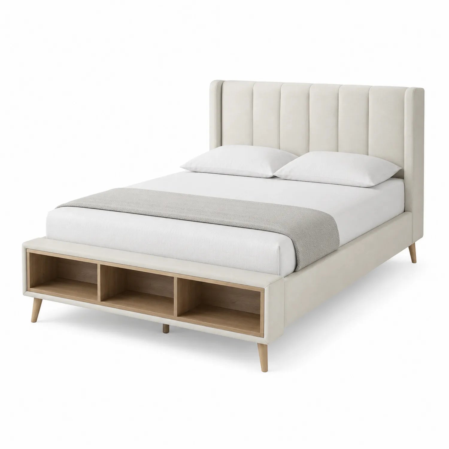 Cama tapizada en crema con cabecero acolchado y almacenamiento 200x150 cm