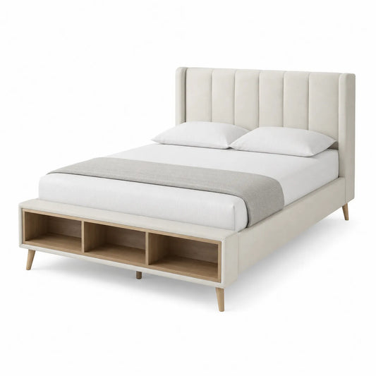 Cama tapizada en crema con cabecero acolchado y almacenamiento 200x150 cm