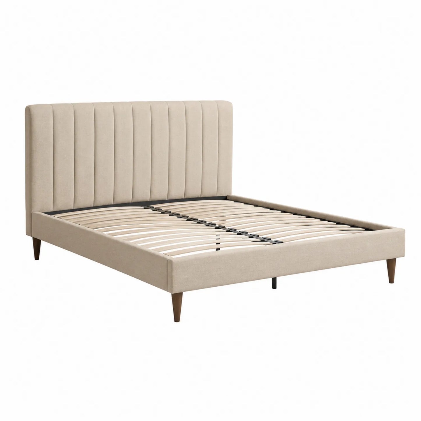 Cama tapizada de tela beige con patas de madera 150x200 cm