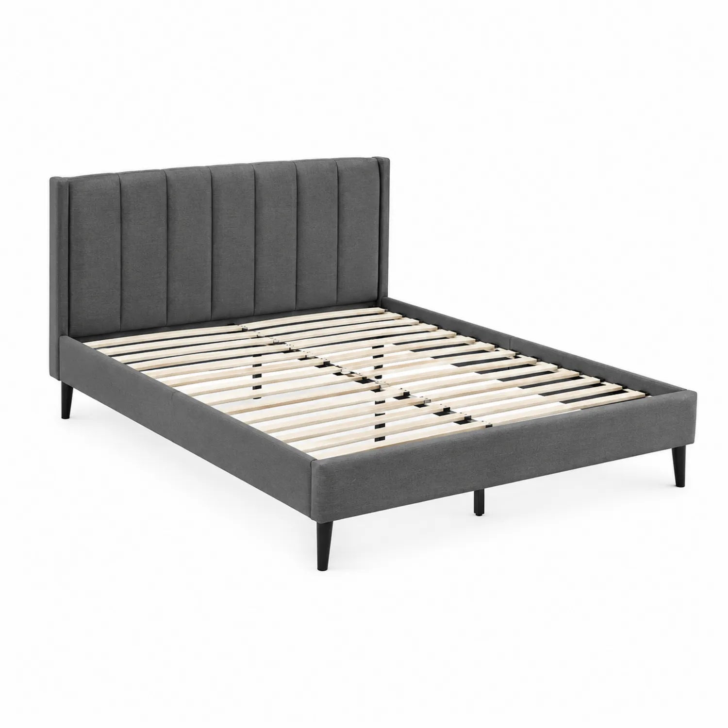 Cama de tela gris con somier de madera 200x160 cm