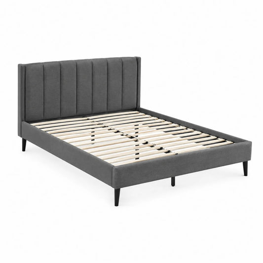 Cama de tela gris con somier de madera 200x160 cm