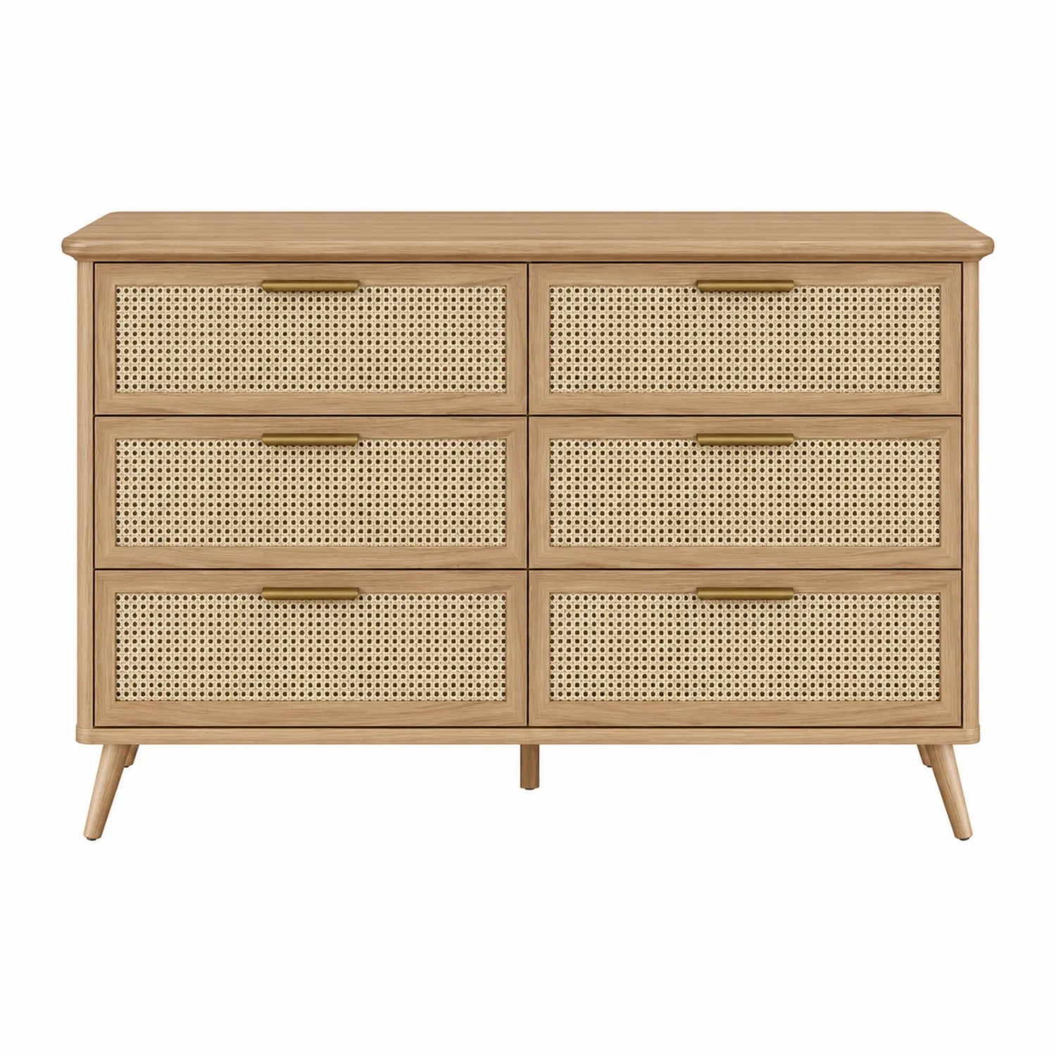 Cómoda de Madera de Roble y Ratán con 6 Cajones Beige