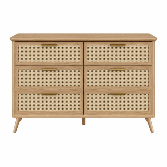 Cómoda de Madera de Roble y Ratán con 6 Cajones Beige