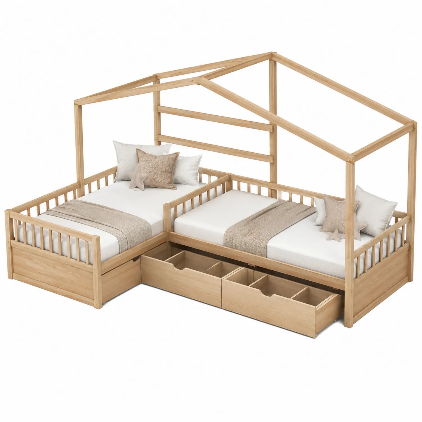 Cama nido en forma de L de madera de pino con cajones de almacenamiento