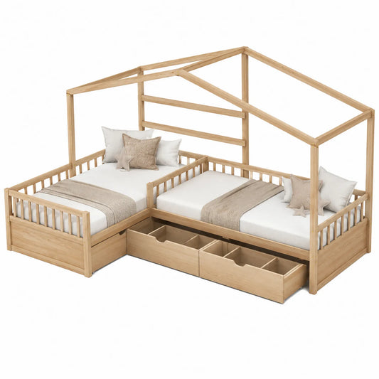 Cama nido en forma de L de madera de pino con cajones de almacenamiento