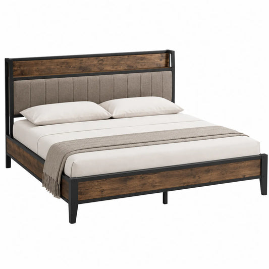 Cama de matrimonio de metal y MDF con cabecero tapizado de poliéster 200x160cm Marrón/Negro
