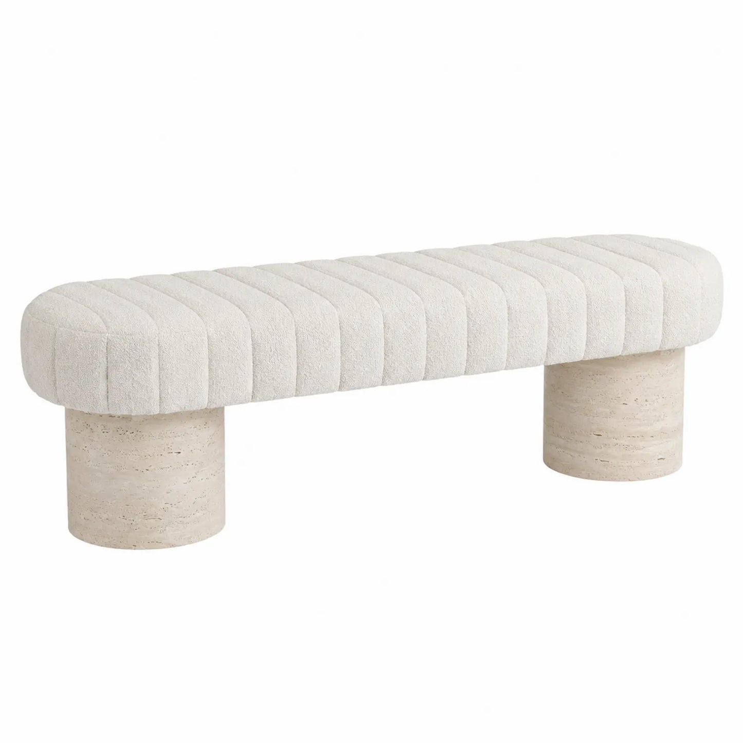 Banco rectangular tapizado en tela de poliéster con patas de travertino