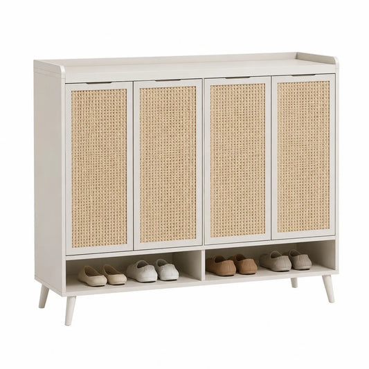Zapatero de Madera con Puertas de Rattan Blanco 120x35x90 cm