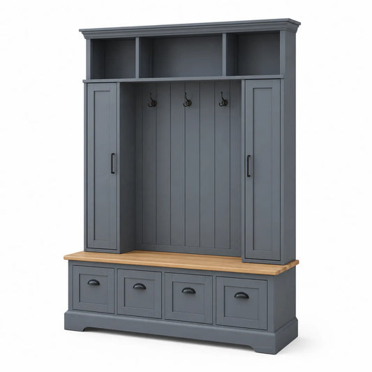 Perchero de MDF Gris con Estanterías y Cajones