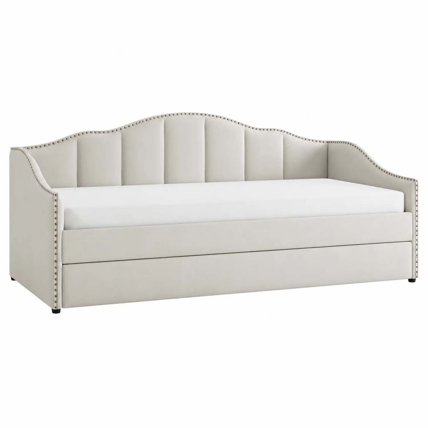 Cama nido tapizada de tela beige con almacenamiento