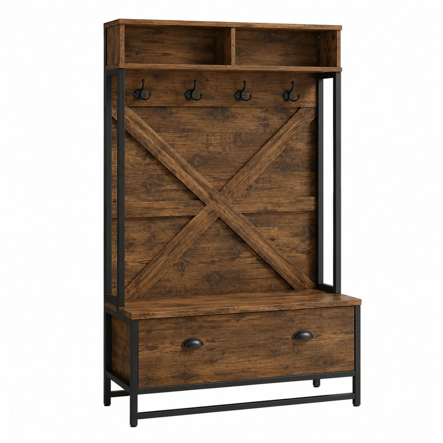 Perchero de Entrada de Madera y Metal con Ganchos y Banco 183x102x40 cm