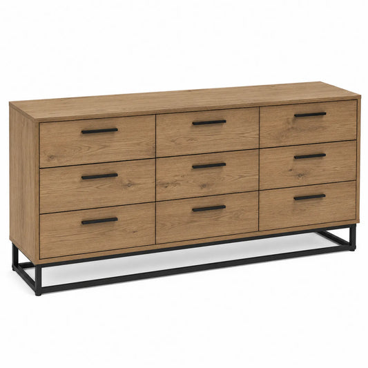 Cómoda de Madera y Metal con 9 Cajones, Roble y Negro