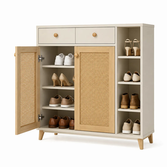 Zapatero de Madera con Puertas de Mimbre Beige 90x40x100 cm