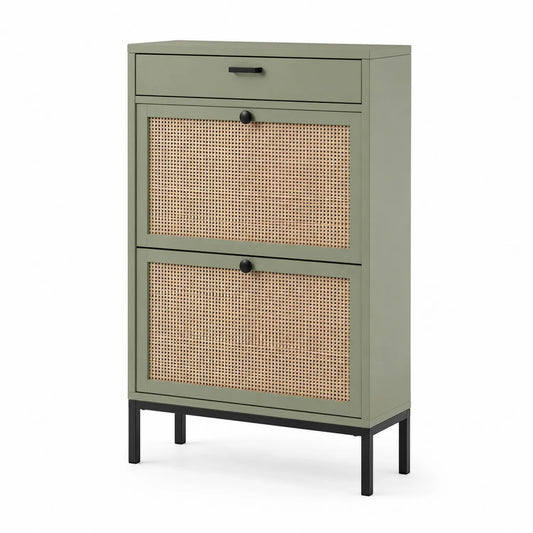 Zapatero de Acero y Ratán Verde Oliva con Cajón 100x60x30 cm