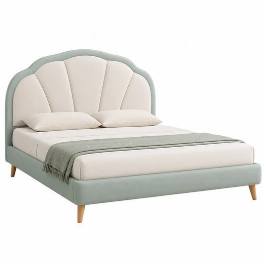 Cama Tapizada en Forma de Concha con Cabecera y Patas de Madera 200x160 cm Verde y Beige