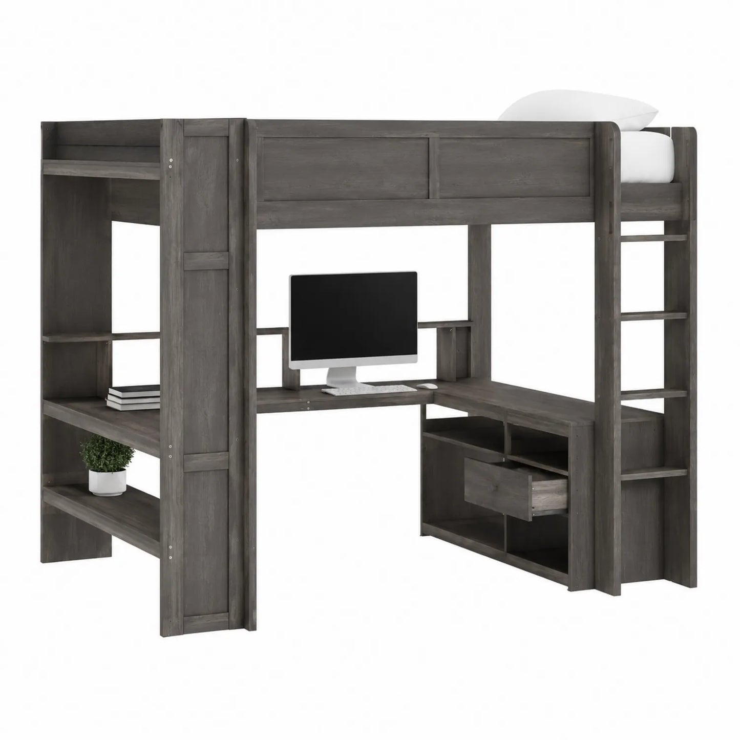 Cama alta de madera con escritorio y estantería 200x100x180 cm