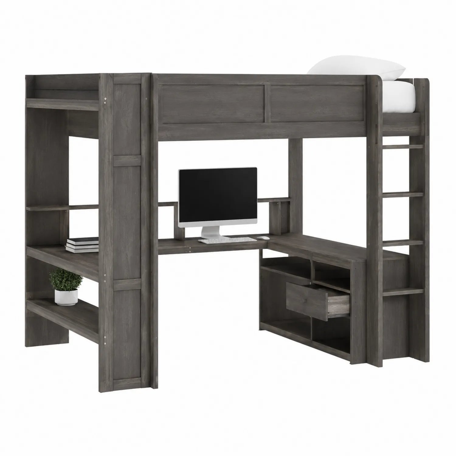 Cama alta de madera con escritorio y estantería 200x100x180 cm